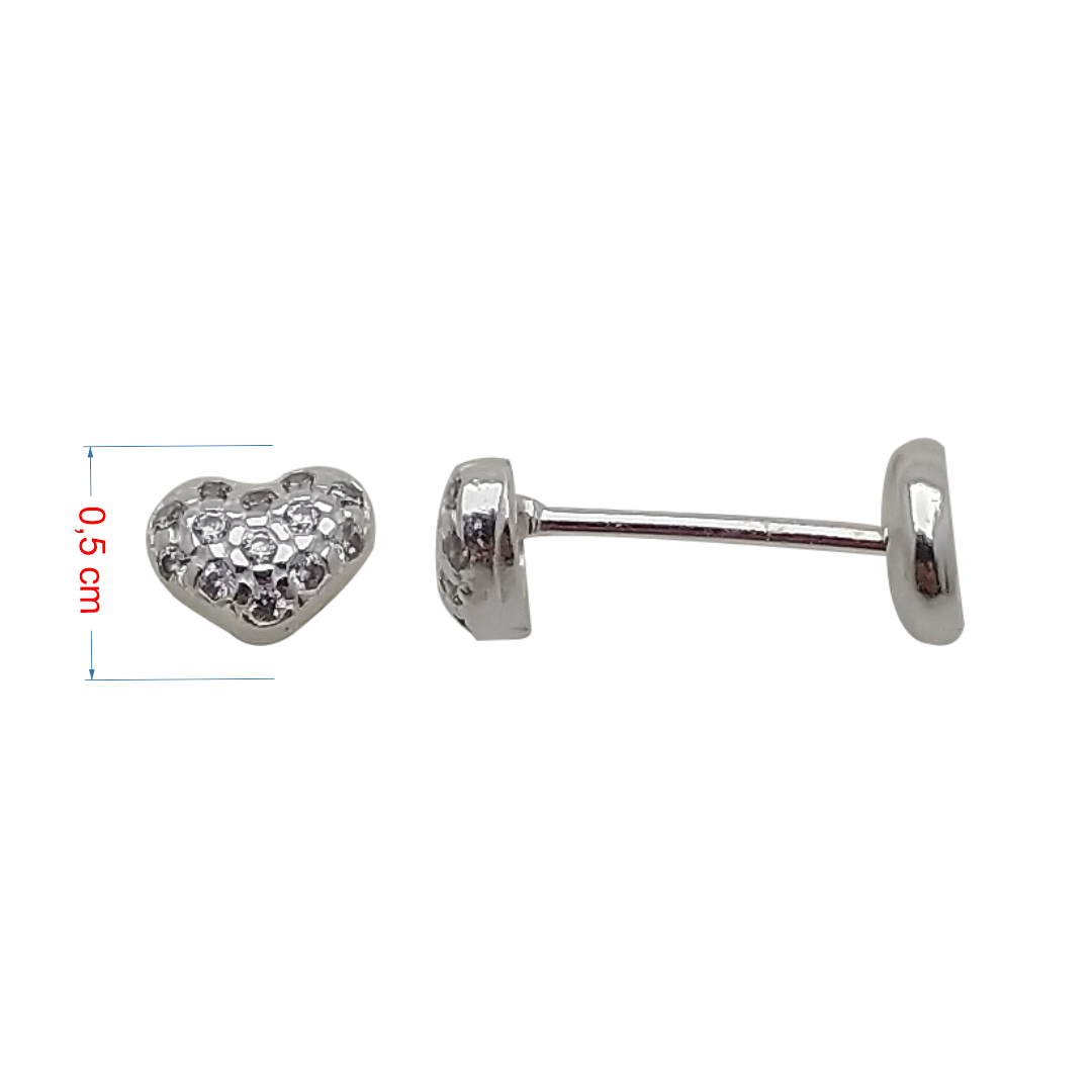 Brincos de prata 925 coração com zircônias tarraxa baby.